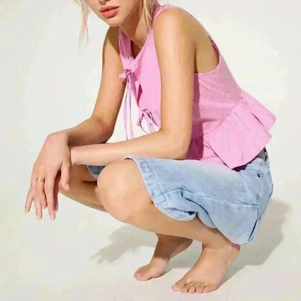 Pink Cute Women's Westfade Striped Tie Summer Front Bow Top - Picture 5 of 6